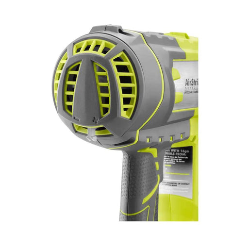 Close-up of air vent on Cordless 16 Gauge Finish Nailer With LED Work Light And Depth Adjustable Air Pressure Control, 18V Lithium Powered, Tool Only Battery Not Included, Pro Grade Build For DIY Trim, Casing, And Molding Projects