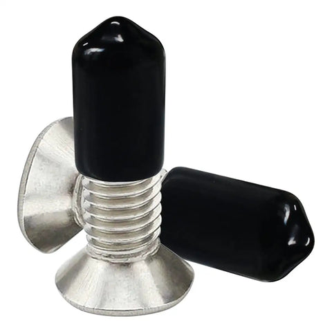 50 Count Black Rubber End Caps for Bolt Threads One Quarter Inch Six Point Five Millimeter Vinyl Flexible Screw Thread Protectors Safety Covers Tough As Nails Heavy Duty Cap Set for Furniture Machinery and Outdoor Gear shown on bolts