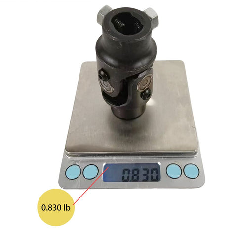 3/4 Inch Double D Steering Universal Joint Black Steel Shaft 83mm Length Single U Joint on scale showing 0.830 lb weight