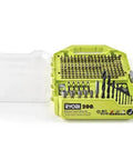 Ryobi 200-piece drill and impact drive set in yellow plastic case, front view with assorted bits.