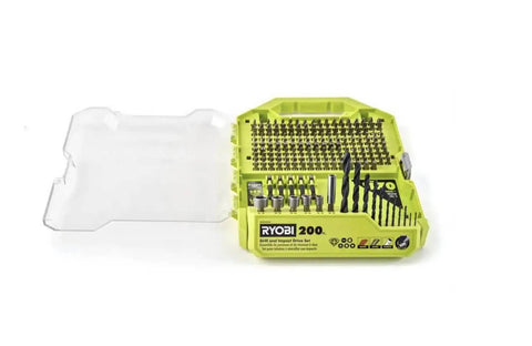 Ryobi 200-piece drill and impact drive set in yellow plastic case, front view with assorted bits.