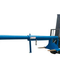 Shop Floor Ready Adjustable Pivoting Forklift Jib Boom Crane With 6000 Lb Pulling Power For Commercial Warehouses And Industrial Sites Crushes Heavy Loads With Rock Solid Reliability In Blue, side view mounted on a forklift.