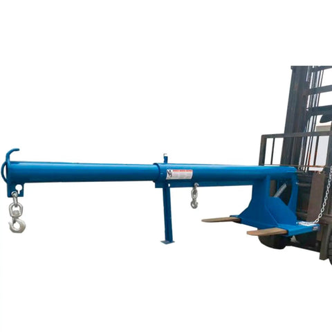 Shop Floor Ready Adjustable Pivoting Forklift Jib Boom Crane With 6000 Lb Pulling Power For Commercial Warehouses And Industrial Sites Crushes Heavy Loads With Rock Solid Reliability In Blue, side view mounted on a forklift.