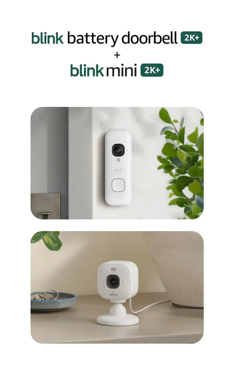 Top Shelf Wireless Security Bundle With 2K Resolution Battery Doorbell Cam Featuring Crisp Night Vision And Sync Hub Included, images of doorbell and mini camera.