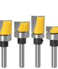 Heavy Duty 4 Piece Door Hinge Router Bit Set With One Quarter Inch Shank For Crisp Flush Trimming And Bottom Cleaning Slick Carbide Blades shown from the front