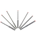 Seven-piece SDS-Plus hammer drill bit set with carbide heads; gray bits with red tips.