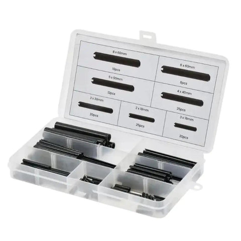 Roll Pin Set With 120 Pieces Elastic Cylindrical Cotter Pins In Carbon Steel Hollow Slotted Spring Pin Positioning Assortment Kit For Replacement And Automotive And DIY Projects. Open case with assorted black carbon steel roll pins