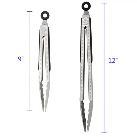 Two Pack 9 Inch And 12 Inch Stainless Steel Kitchen Tongs With Locking Mechanism Brushed Black Finish Ergonomic Grip For Grilling Sauteing And Serving