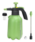 Green half gallon hand pump sprayer with side water inlet, 2 adjustable nozzles, clear water level indicator, and safety valve; ideal for garden use.