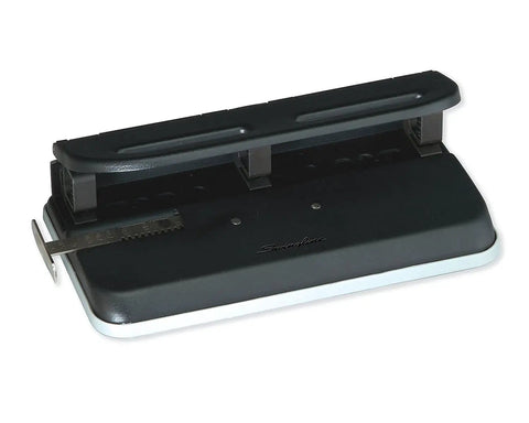 Heavy Duty Two To Seven Hole Punch With Semi Adjustable Heads Easy Touch Soft Grip Handle Twenty Four Sheet Capacity Durable Metal Construction Office Workhorse Punch For High Volume Black