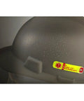 Emergency Worker Hard Hat Reflective ID Sticker Set 0.5 X 2.75 Inches Fluorescent Lime Yellow and Red on gray helmet