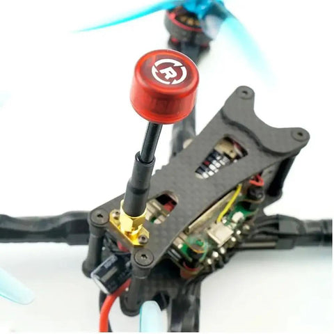 Rush Cherry FPV 5.8G Circular Polarization Antenna for Racing Drones, RHCP LHCP, mounted on drone, SMA-Male connector visible