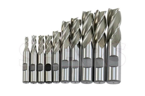 Shars 10-piece HSS end mill set, uncoated, 4-flute, single-end, center-cut; sizes 3/16 to 3/4 in.