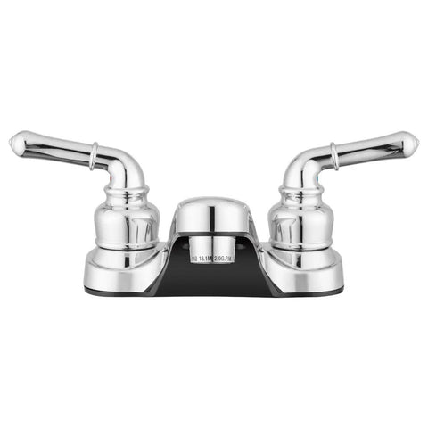 Lynden Bathroom Sink Faucet with Chrome Finish, dual levers, arc spout, lightweight ABS construction, elegant design front view
