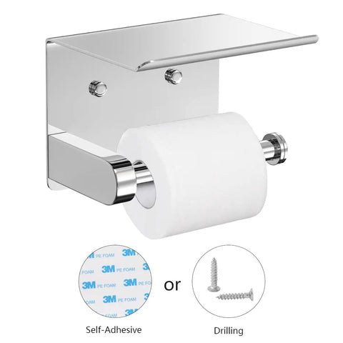 Self Adhesive Toilet Paper Holder With Built In Phone Shelf Stainless Steel Wall Mount Organizer For Bathroom Drilling Or Adhesive Install Rust Resistant Keeps Your Phone Keys Glasses Handy