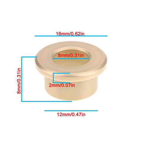 8 Pack Flanged Copper Sleeve Bushings 8 Mm Bore 12 Mm OD 8 Mm Long for precise fit in machinery, dimensions shown for detailed measurement.