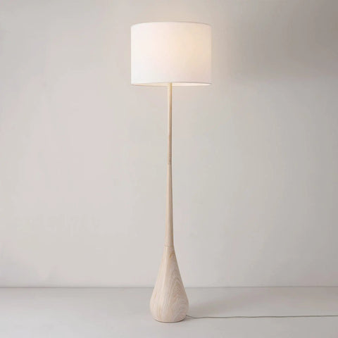 65 Inch Floor Lamp With Wood Toned Finish And White Cotton Shade Japandi Style E26 Base On Off Rotary Switch 5 Ft Cord