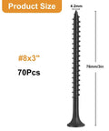 Pro Grade Heavy Duty Drywall Screws And Wood Fasteners, Black Oxide Coated Eight By Three Inch Phillips Head Drive Coarse Thread Sheetrock Screw displayed, measurement detail.