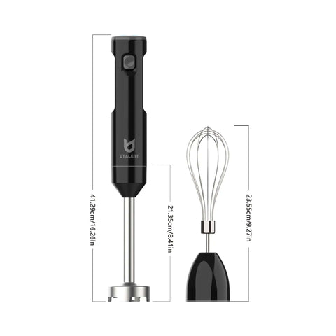 Total Game Changer Cordless Hand Blender With Whisk For Smoothies Soups And Baby Food Purees, black stainless design, detailed dimensions.