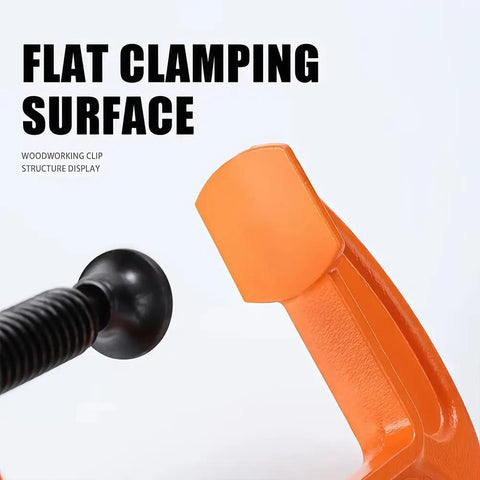 Beefy 2 Inch C Clamp Heavy Duty Steel Clamp for Woodworking Welding and Building with Rust Resistant Body and Anti Slip Screw for a Rock Solid Grip on Wood Metal Shelves Benches and All DIY Projects flat clamping surface close-up