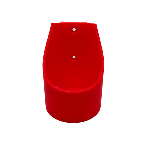 Front view of a red wall mounted fire spray can holder compatible with EZ Fire Spray and other brands, made of heavy-duty steel.