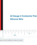 Close-up of 22 Gauge Red And Black Parallel Silicone Wire 2 Conductor with ruler scale, 500ft spool, tinned copper core