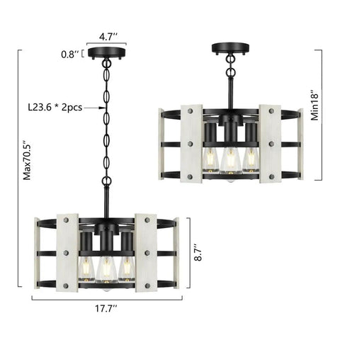 Three Light Farmhouse Drum Chandelier With White Drum Shade In Black Metal And Wood Finish Adjustable Height From 18 Inches To 70.5 Inches The Real Deal For Living Room Dining Room Kitchen Island And Foyers, shown with dimensions and black metal rods.