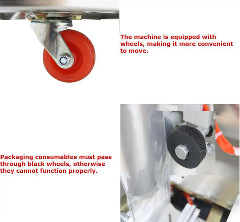 Close-up of automatic liquid filling and packaging sealer's red wheel, showcasing mobility for easier transport.