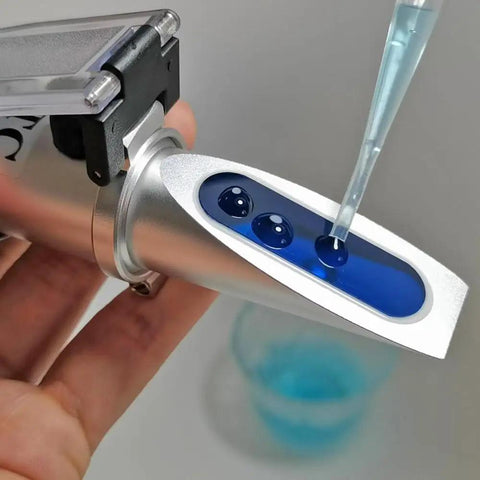 Dual Scale Brix Refractometer With ATC For Specific Gravity And Brix Readings Hydrometer Kit For Wine Making Beer Brewing And Homebrew DIYers For Serious Hobbyists And Pros Alike, silver body with blue sample window