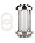Beduan in-line sight glass with tri-clamp ends, stainless steel 2-inch flow sight glass; front view with white gaskets