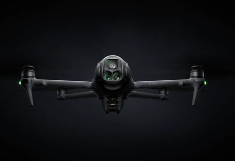 Mavic 4 Pro Drone Fly More Kit With RC 2 Controller, 100MP Hasselblad Camera, Triple Camera System in flight, front view.