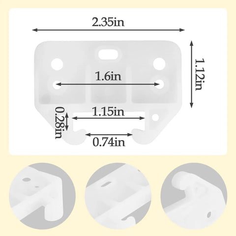Four Pack White Plastic Drawer Slide Brackets With Complete Hardware For Silky Smooth Gliding Easy Peasy Installation Heavy Duty Furniture Repair And Cabinet Track Replacement System measuring 2.35 by 1.12 inches.
