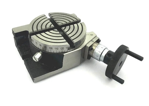 Heavy Duty 4 Inch Cast Iron Rotary Table Built For Milling Machines Delivers Dead On 360 Degree Indexing And Rock Solid Horizontal Or Vertical Setup With M6 Clamps Included, top view with dials and grips.