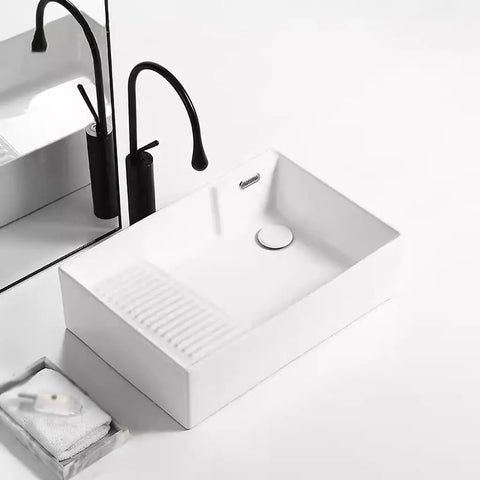 USZWBY Vessel Sinks Nordic Ceramic Table Basin Side Corner Drainage Washing Machine with Washboard and faucet.