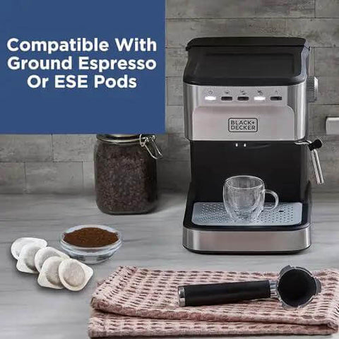 Semi-Automatic Espresso Machine With 15 Bar Pressure, Grounds Or ESE Pods Compatible, Built-In Milk Frother on countertop
