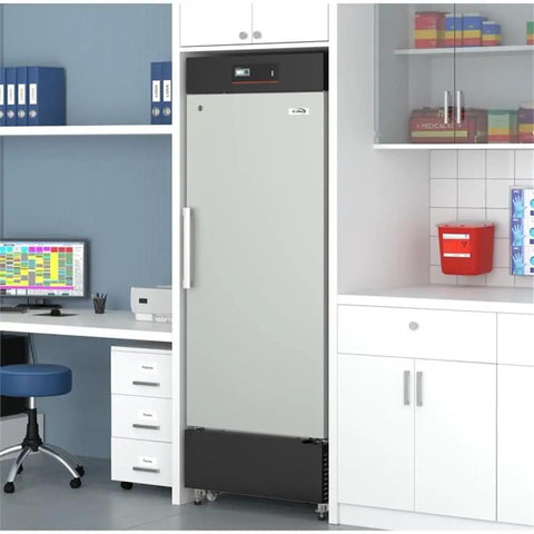 No Sweat Upright Medical Freezer With Twenty Seven Inch Width And Eleven Cubic Feet Storage Space Seven Organized Drawers in a clinic setting.