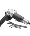 Top Shelf Pneumatic Angle Grinder Featuring Four Inch Angle Polishing Capability With Kickin Air Powered Mechanism For Heavy Industrial Metal Working Jobs displayed with wrenches.