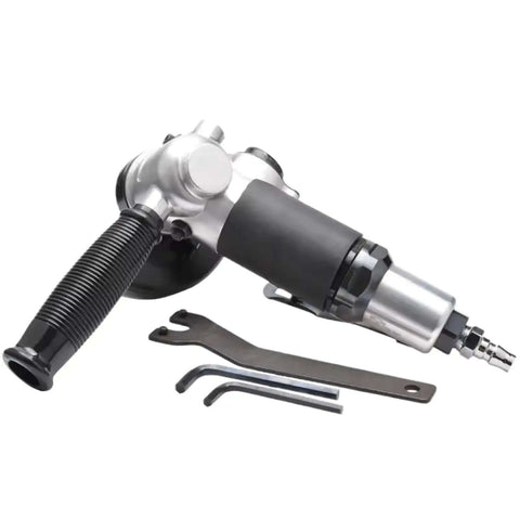 Top Shelf Pneumatic Angle Grinder Featuring Four Inch Angle Polishing Capability With Kickin Air Powered Mechanism For Heavy Industrial Metal Working Jobs displayed with wrenches.