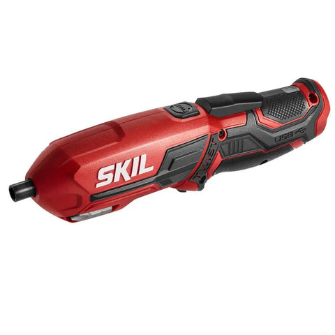 Pivot Grip 4V Rechargeable Cordless Screwdriver With 9 Bits, Bit Holder, And USB Charger for Quick DIY Fixes, red handle view