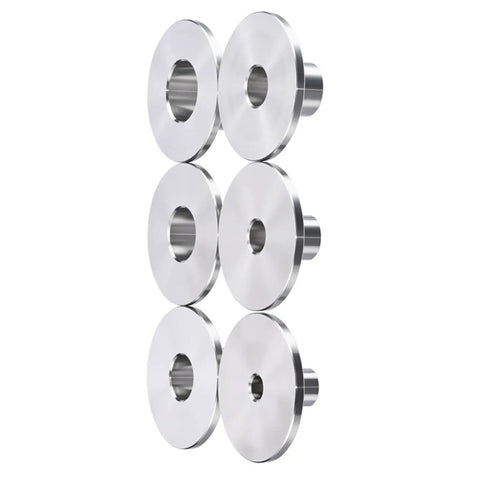 Smooth Sailing Stainless Steel Router Guide Bushing Kit With Six Quick Swap Sizes, six metal bushings for precise routing.