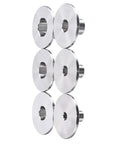 Drop Dead Durable Stainless Steel Router Template Guide Bushings Set With Six Quick Swap Heads For Smooth Woodworking Trimming And Routing Runs You Will Seriously Love - six stainless steel bushings arranged in two rows.