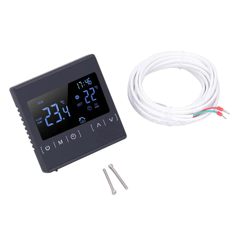 Floor Heating Thermostat With 16A Dual Temperature Control For Electric Heating Systems, Smart Memory, Auto Mode, Frost Protection, 5 To 50 C Range, AC 85V To 240V, Easy Setup Keeps Your Home Cozy. Black thermostat with floor sensor cable