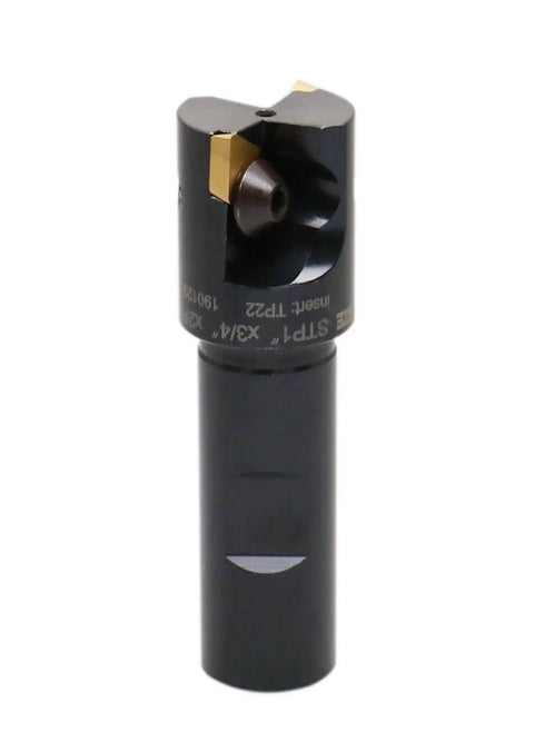 Indexable End Mill With 2 TPG22 Carbide Inserts, 1 Inch Cutting Diameter, 3/4 Inch Straight Shank, Replaceable Triangular Inserts, Positive 90 Degree Rake, Right Hand Cut, Heavy Duty Workhorse CNC Milling Tool