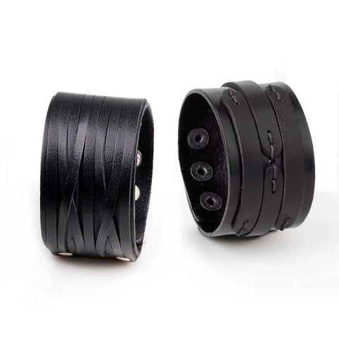 Two Piece Punk Leather Cuff Bracelet Set Vintage Wristband For Men And Women adjustable black leather design