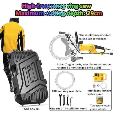 Premium Heavy Duty Electric Concrete Circular Saw Delivering Water Fed Dust Suppression And High Speed Ring Blade For Knockout Granite Cuts And Wall Chasing Projects With Durable Carry Case shown with tool box and accessories.