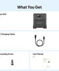 Contents of Elite 400 Portable Power Station 3840Wh LFP Battery 2600W Continuous Output 3900W Peak All In One Solar Generator with Wheels