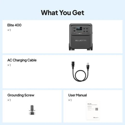Contents of Elite 400 Portable Power Station 3840Wh LFP Battery 2600W Continuous Output 3900W Peak All In One Solar Generator with Wheels