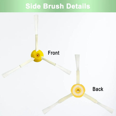 Front and back view of side brush from 9 Pack Replacement Parts Kit For 800 And 900 Series Roomba Vacuums Including One Set Of Roller Brushes, Four Filters, And Four Side Brushes Plug And Play Easy Fit High Quality Replacement Accessories