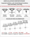 Installation instructions for 5-Speed Industrial Ceiling Fan With Remote And 110cm Black Blades for various ceiling types, showing hanging rod options.