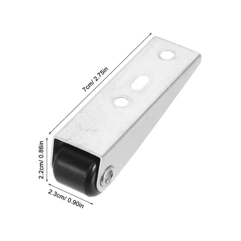 Top Shelf Heavy Duty Sliding Door Track Rollers With Silky Smooth Swivel Caster Wheels For Closet Cabinet Wardrobe Furniture Silent Zero Hassle Black Composite Four Piece Set close-up of a metal track roller with a black wheel.